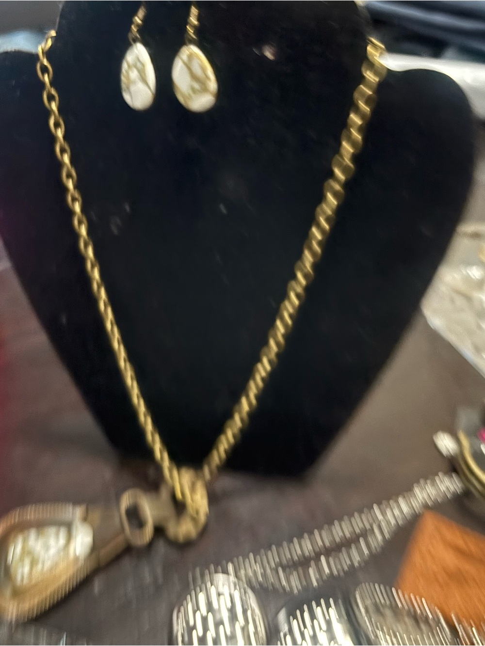 Gold Tone Necklace and White Stone Drop Earring Set, ring , and bracelet